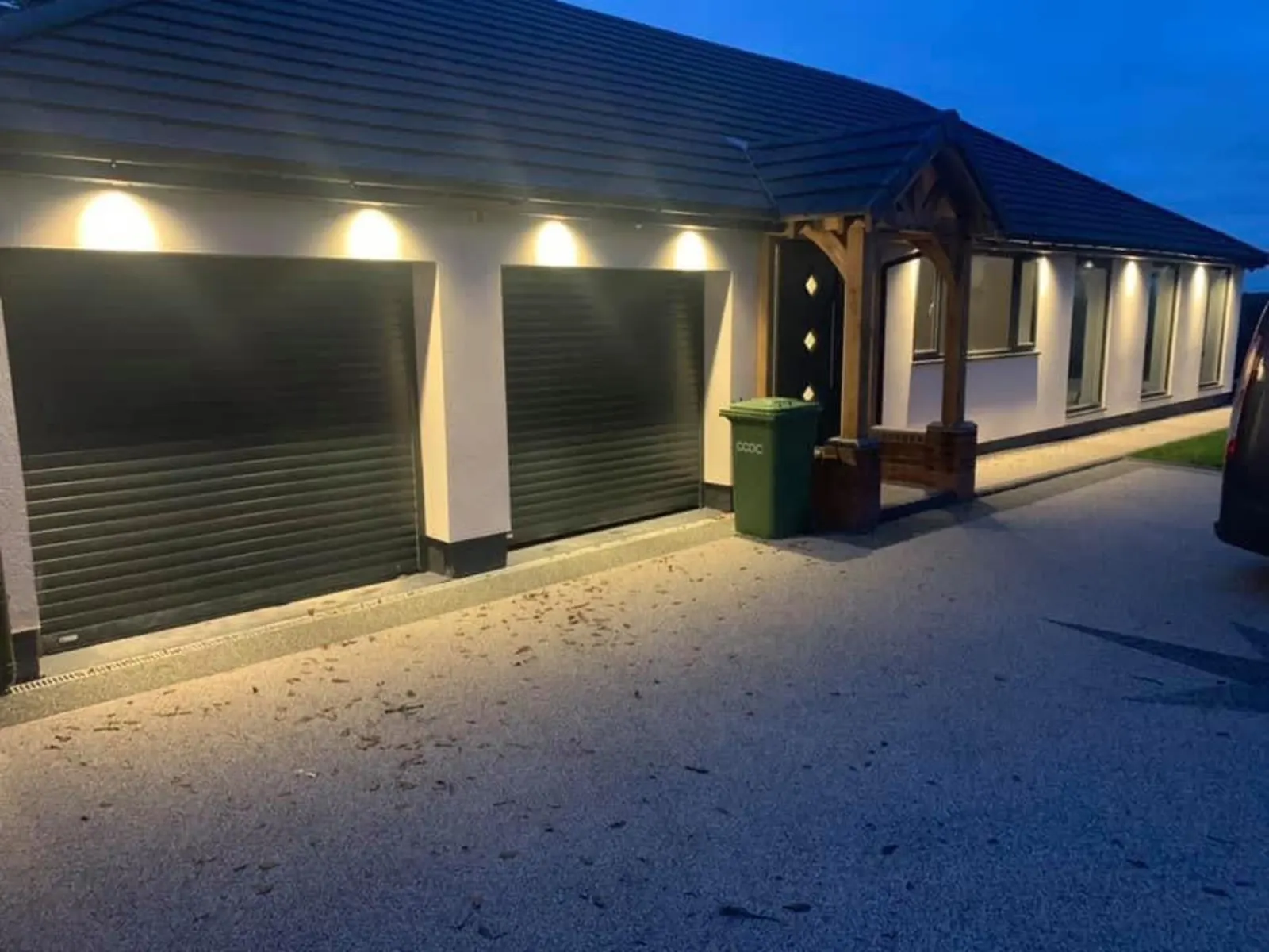 Exterior LED downlights and porch lighting installed on a new home by Stret Limited electricians in Staffordshire
