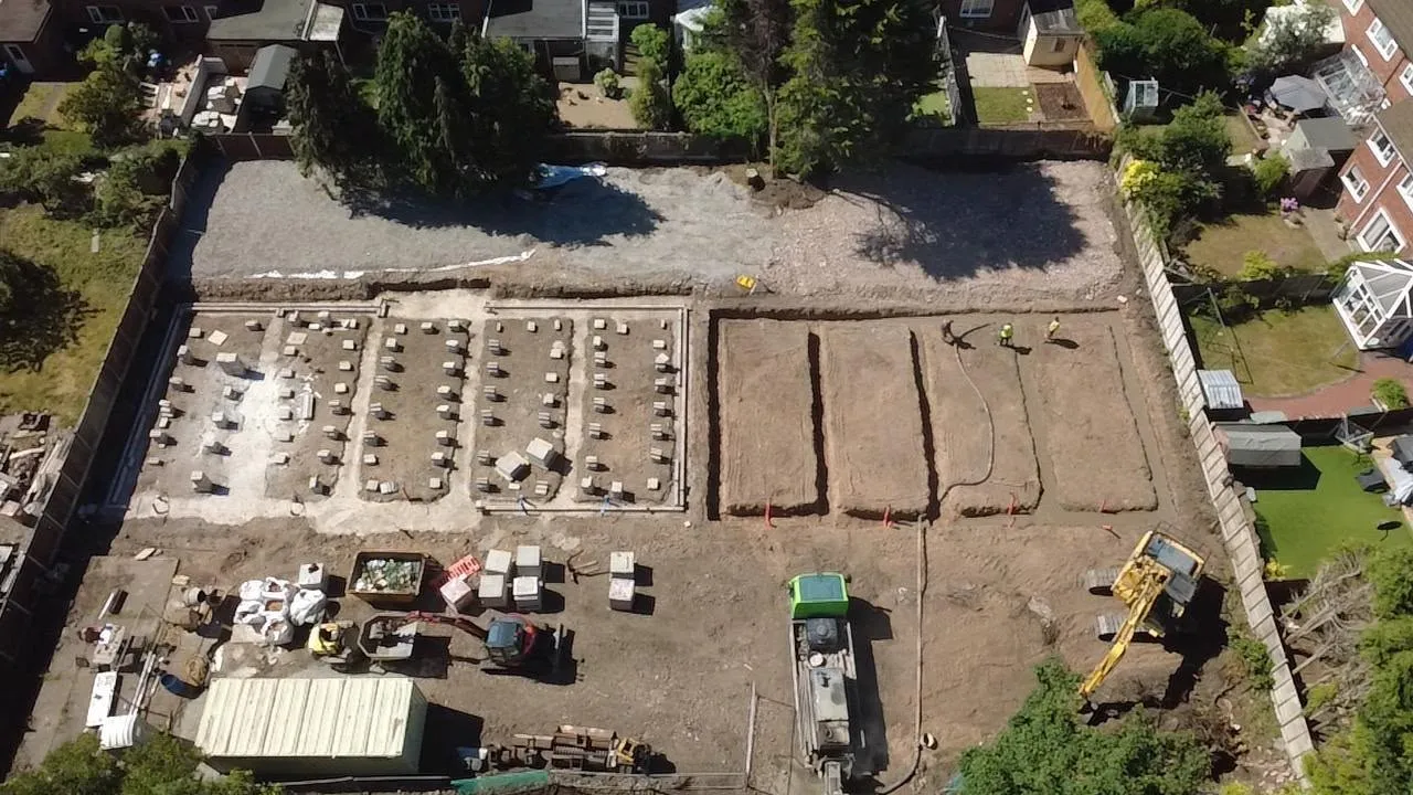 Aerial view of a large foundations and groundworks site under construction